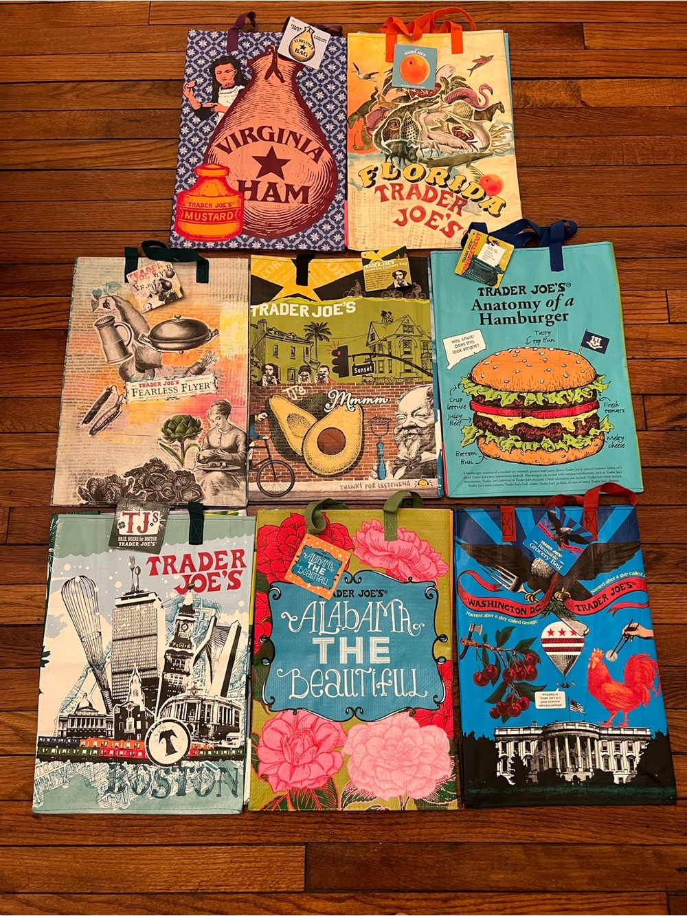 Trader Joe’s 8 State Bags Brand New With Tags Va,FL,Ca,CT, MA, AL,DC